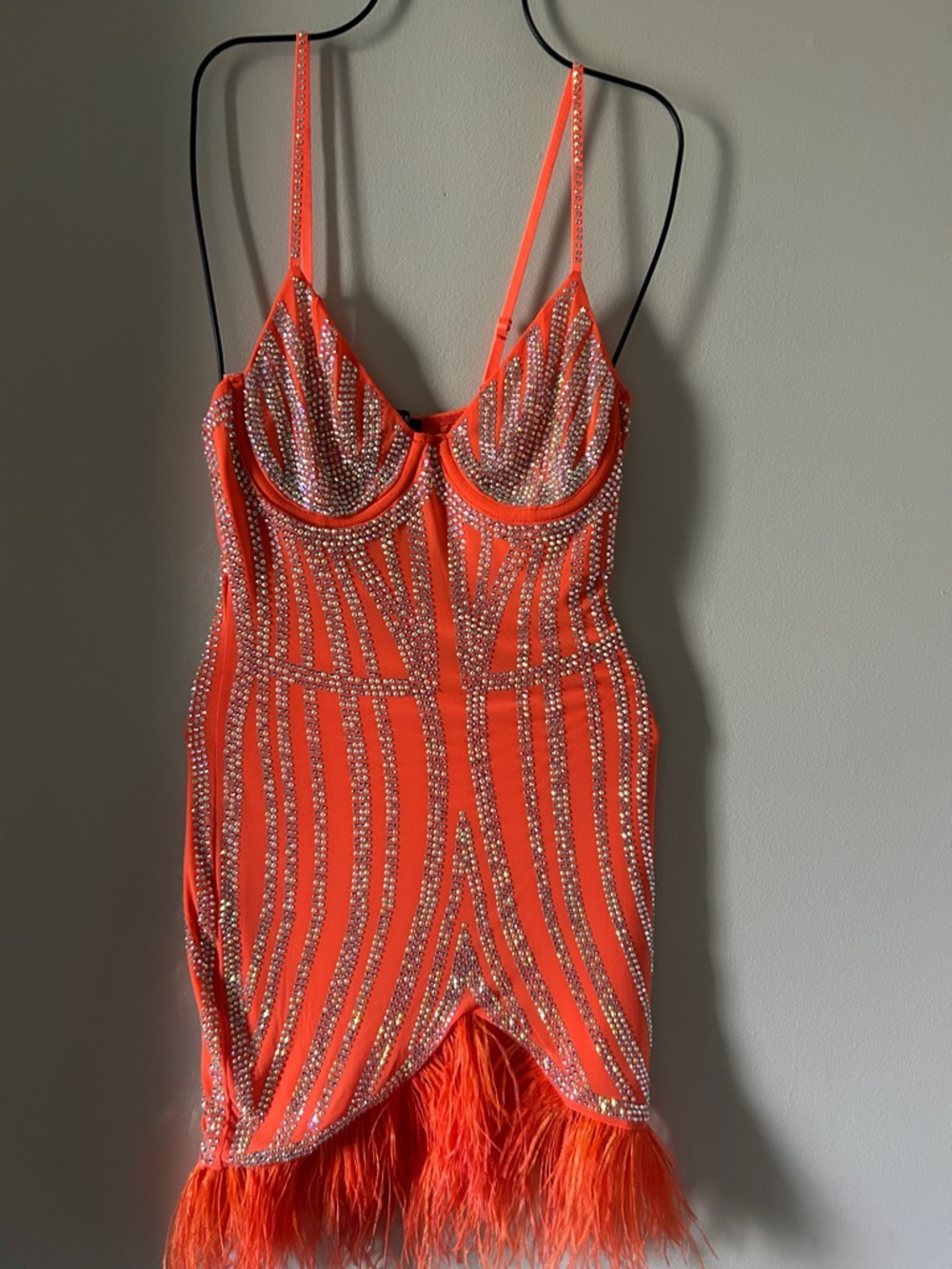 Banjul - Orange Rhinestone Feather Slip Dress - Women's Sparkle Evening / Dancer
